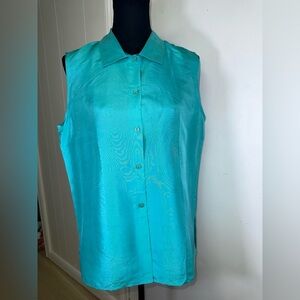 VINTAGE 100% Silk Blue Sleeveless Button Down Shirt with Dress Collar